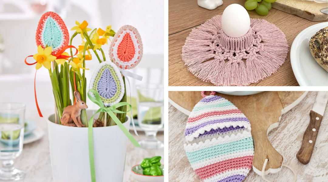 Collage aus drei Fotos mit Osterdeko-Ideen zum Häkeln und Makramee-Knoten mit Ostersteckern, einem Eierbecher und einem Osterei-Topflappen.