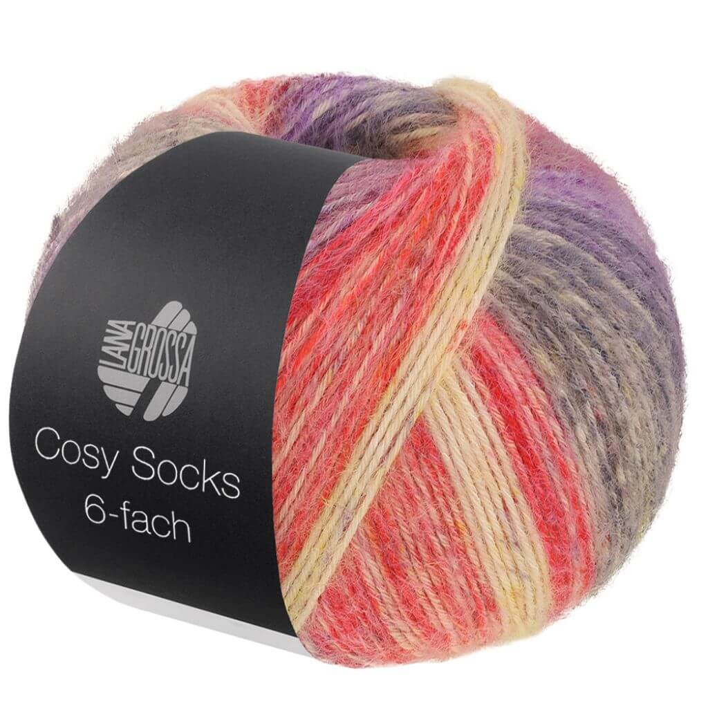 Lana Grossa Cosy Socks Dream Sockenwolle, Farbe 2151 Hellrot/Senfgelb/Rotbraun/Lila/Blauviolett/Hell bei Lieblingsgarn