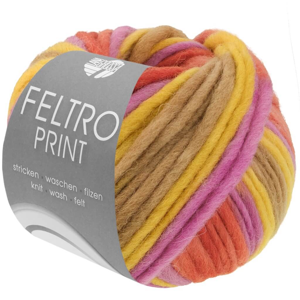 Lana Grossa Feltro Print 50g, Farbe 1318 Senf/Hell /Dunkeloliv/Koralle/Fuchsia – Schurwolle bei Lieblingsgarn