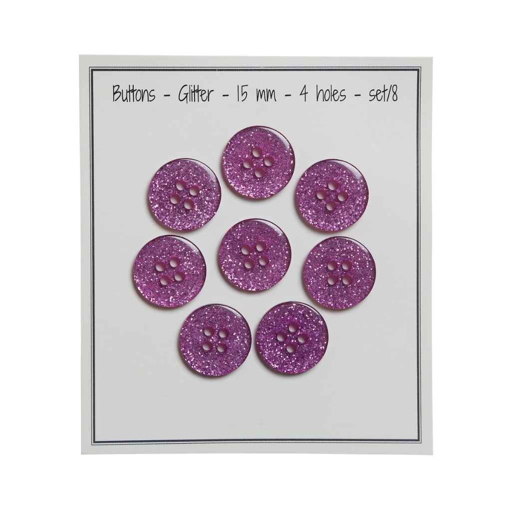 Go handmade Buttons glitter, 9mm 2 holes, set of 15 pcs.