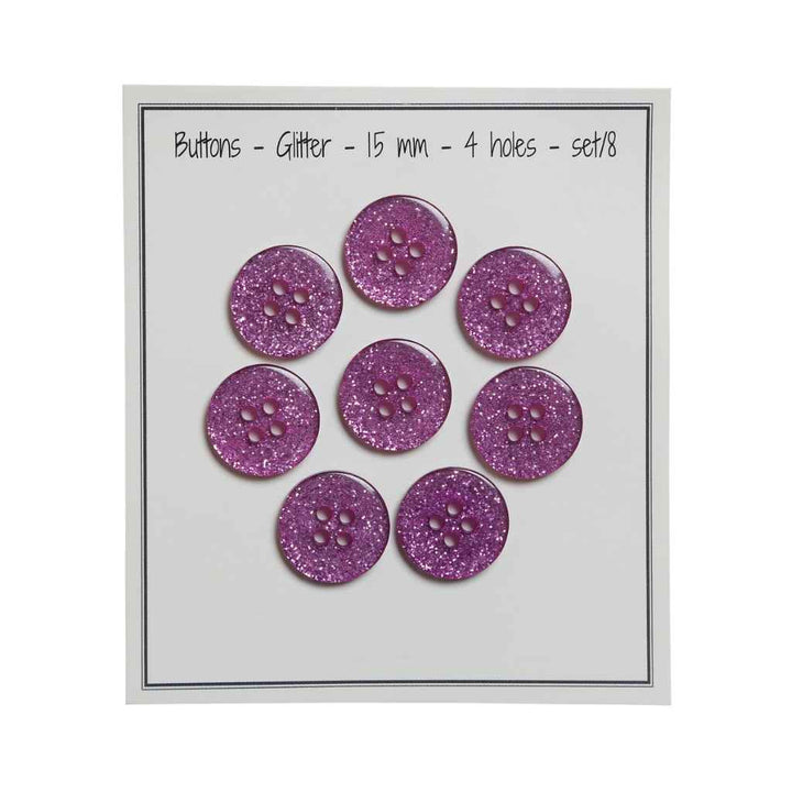 Go handmade Buttons glitter, 9mm 2 holes, set of 15 pcs.