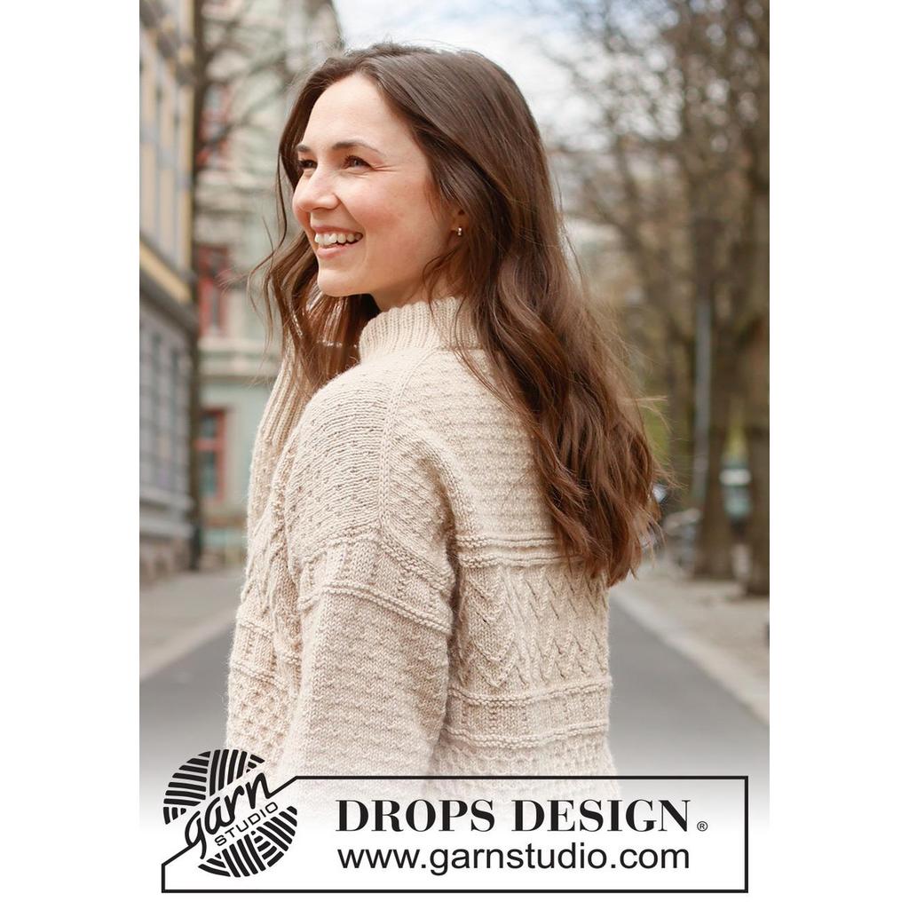 Pullover mit Reliefmuster und doppelter Halsblende Strickanleitung - Drops Design (PDF) bei bei bei bei bei Lieblingsgarn