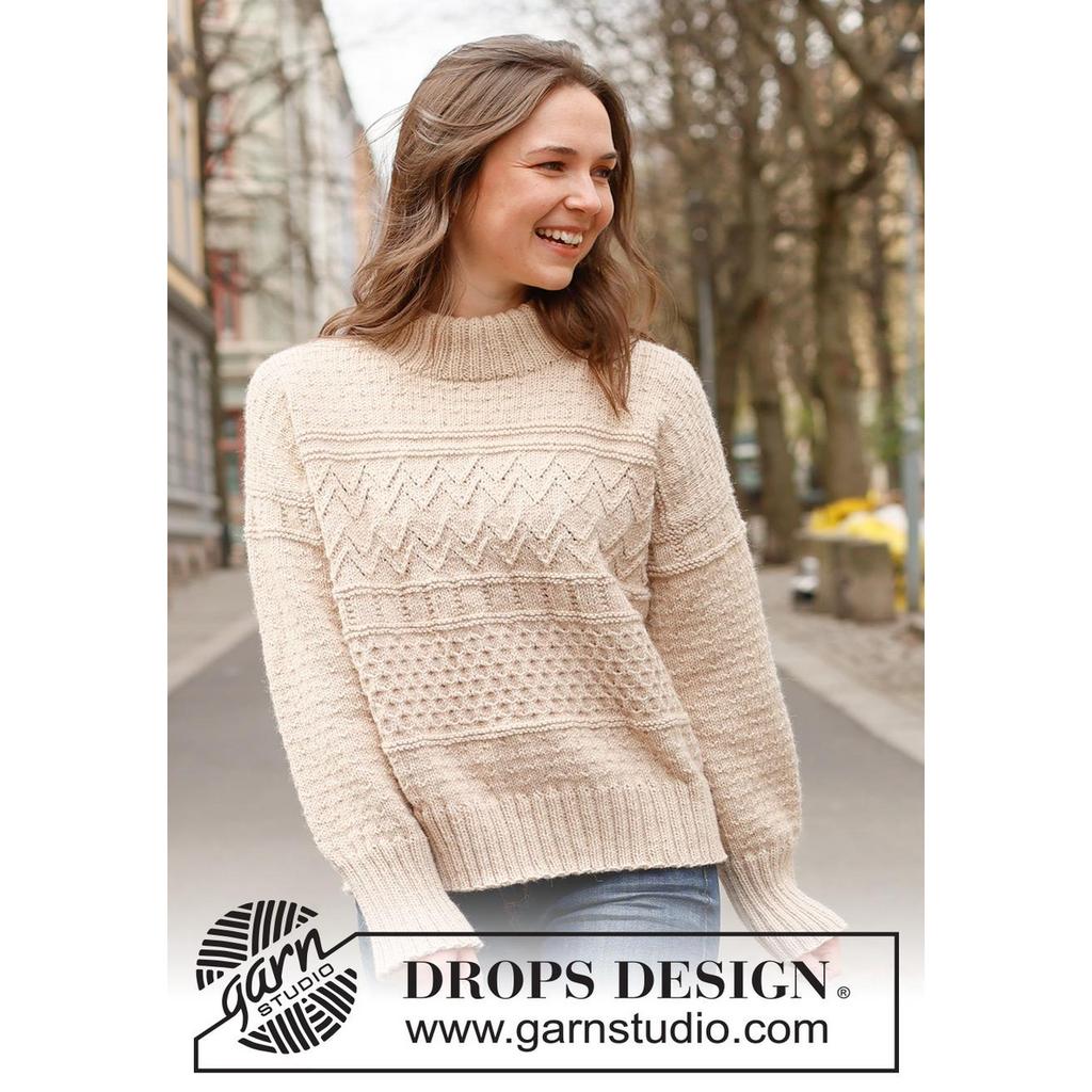 Pullover mit Reliefmuster und doppelter Halsblende Strickanleitung - Drops Design (PDF) bei bei bei bei bei Lieblingsgarn