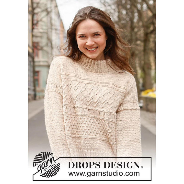 Pullover mit Reliefmuster und doppelter Halsblende Strickanleitung - Drops Design (PDF) bei bei bei bei bei Lieblingsgarn