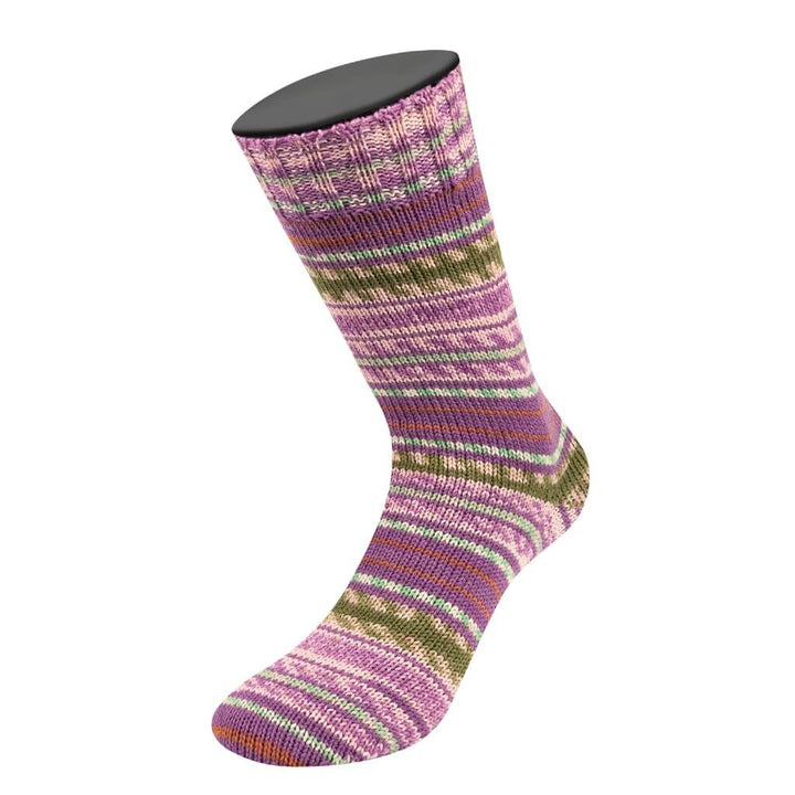 Lana Grossa Landlust Die Sockenwolle, Farbe 611 Orchidee/Braun/Maigrün/Ecru/Rosé/Oliv Gestreift – Merino bei Lieblingsgarn