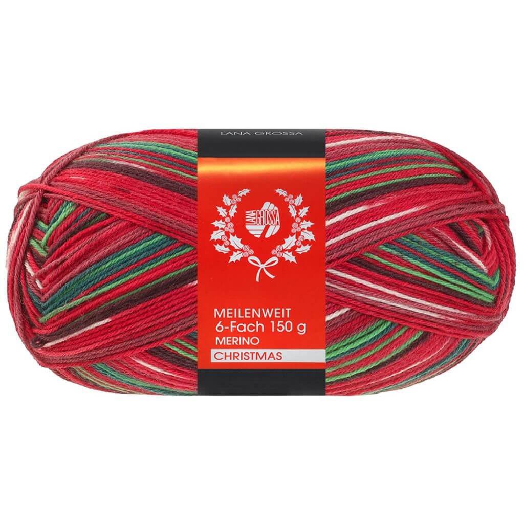 Lana Grossa Meilenweit 6-fach Merino Christmas, Farbe 637 Hellgrün/Dunkelbraun/Orange/ Weiß/Dunkelrot/ bei Lieblingsgarn
