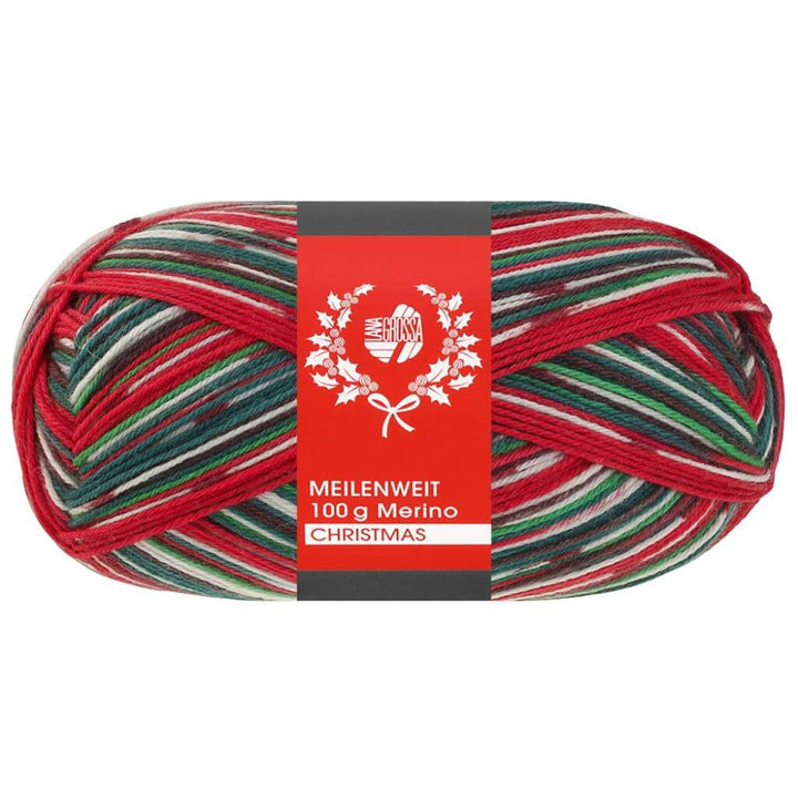 Lana Grossa Meilenweit 100 Merino Christmas Sockenwolle, Farbe 6808 Weiß/Dunkelgrün/ braun/Orange/ bei Lieblingsgarn