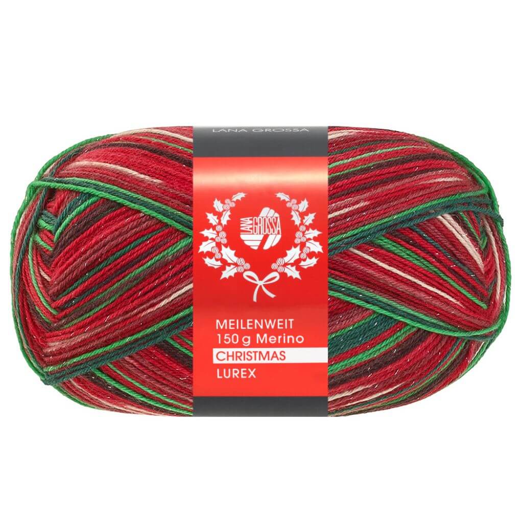 Lana Grossa Meilenweit 6-fach Merino Christmas, Farbe 640 Hellgrün/Dunkelbraun/Orange/ Weiß/Dunkelrot/ bei Lieblingsgarn